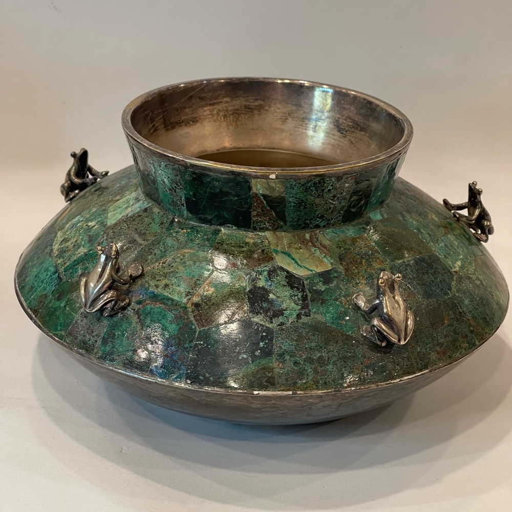 Artist Emilia Castillo Tree Frogs & Malachite Plated Silver ART Vase/Bowl Marked